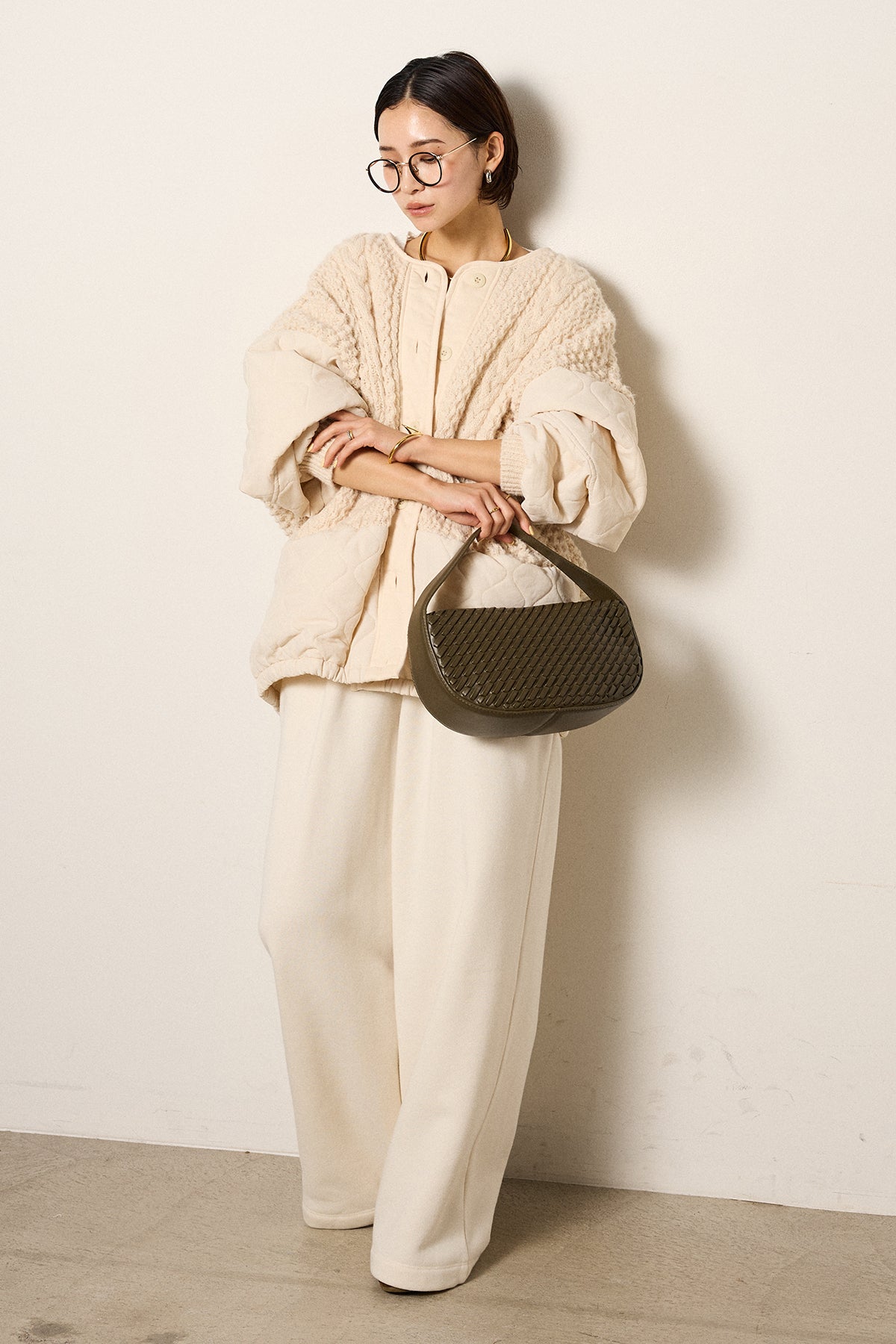 即納】[SET]アラン編みニットノーカラー裾キルティングブルゾン+裏起毛