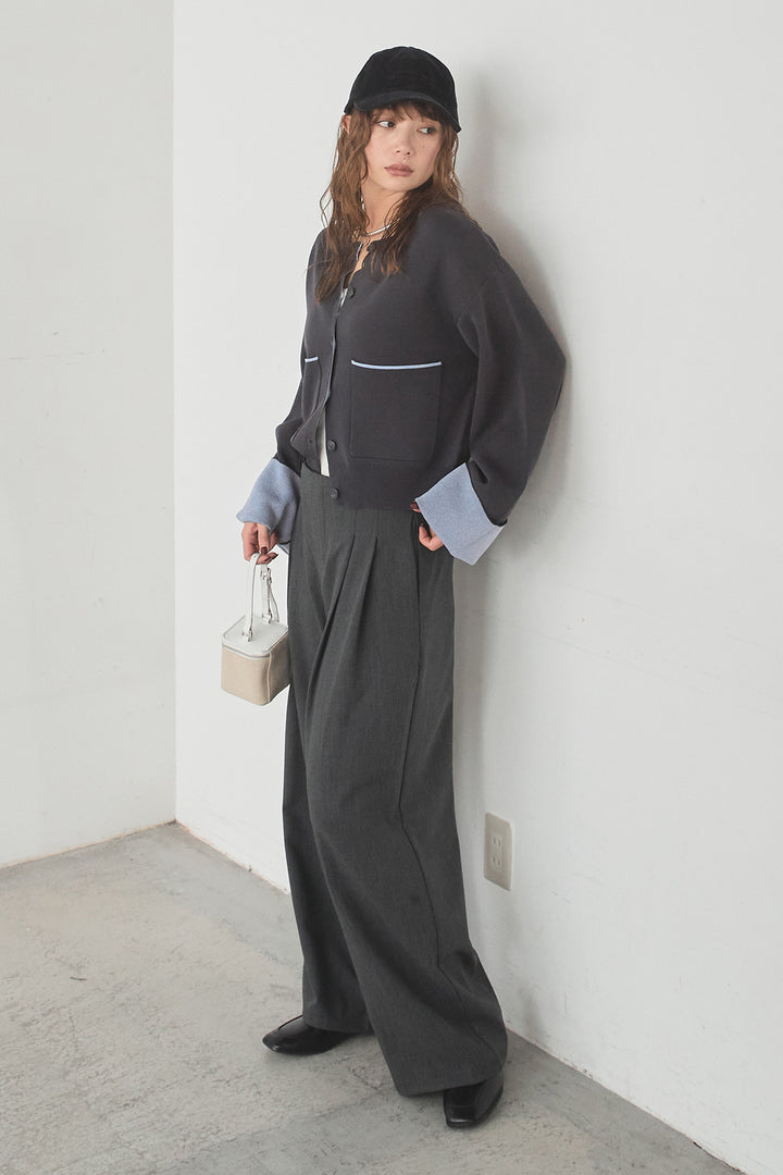 [SET]レーヨンポリダブルフェイスカーディガン+サイドベルトタック入りスラックス(2set)