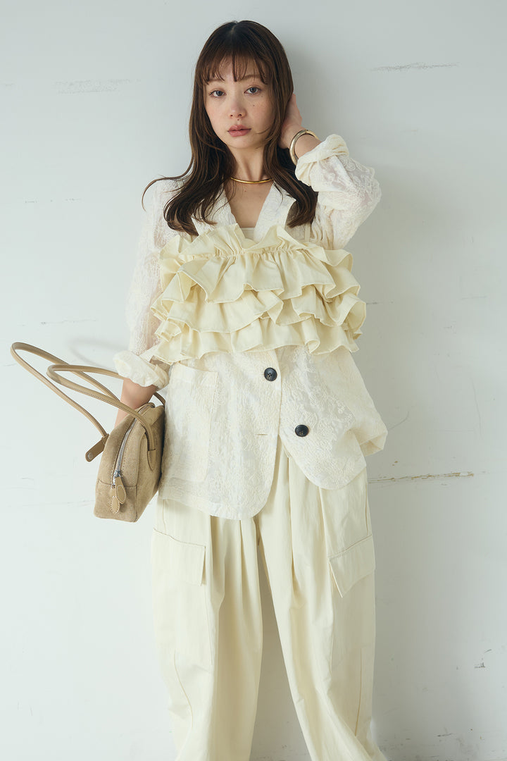 [SET]刺繍シアーテーラードジャケット+撥水フリルビスチェ+撥水ジョガーパンツ(3set)