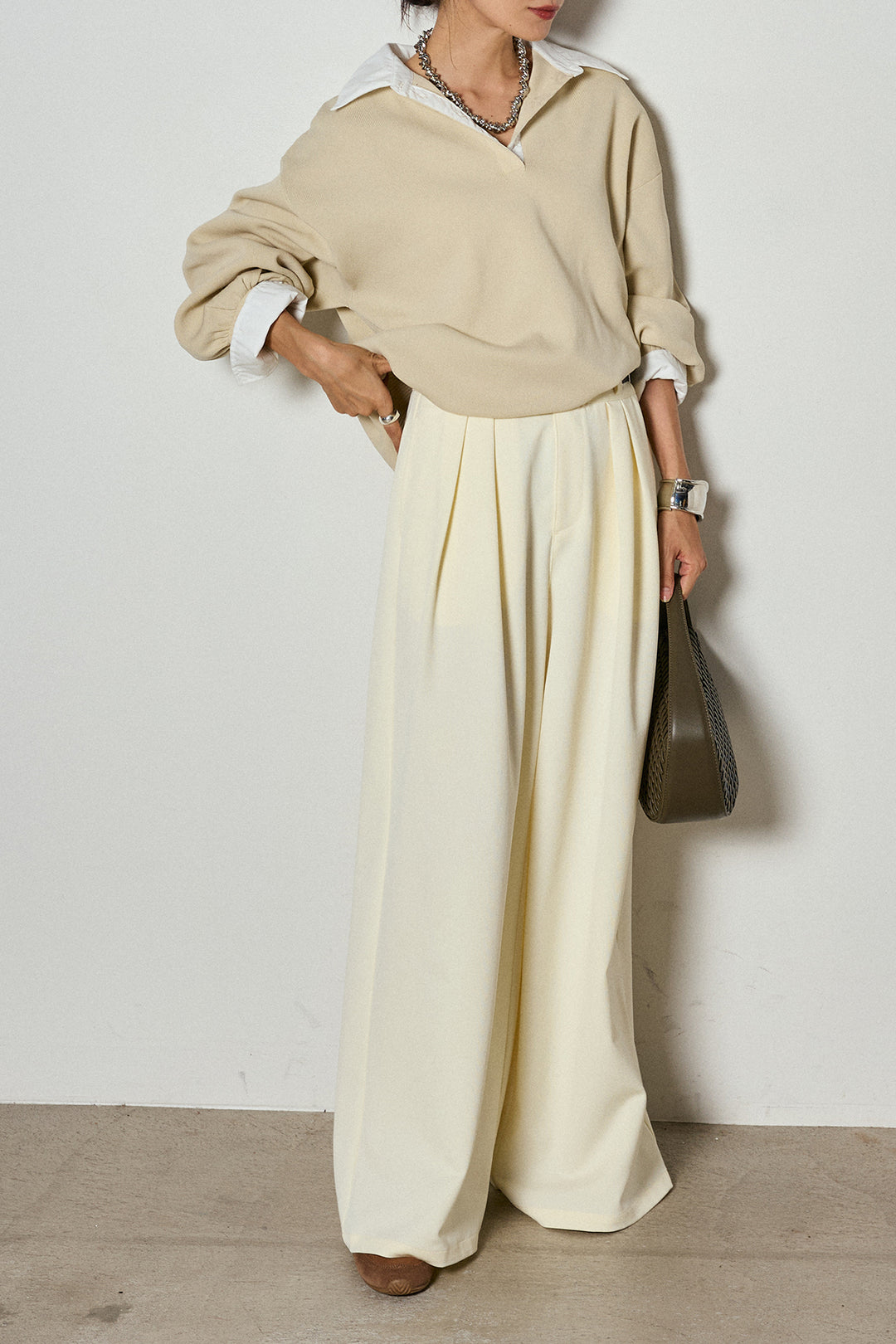 【即納】ウエストベルト付きタックワイドパンツ