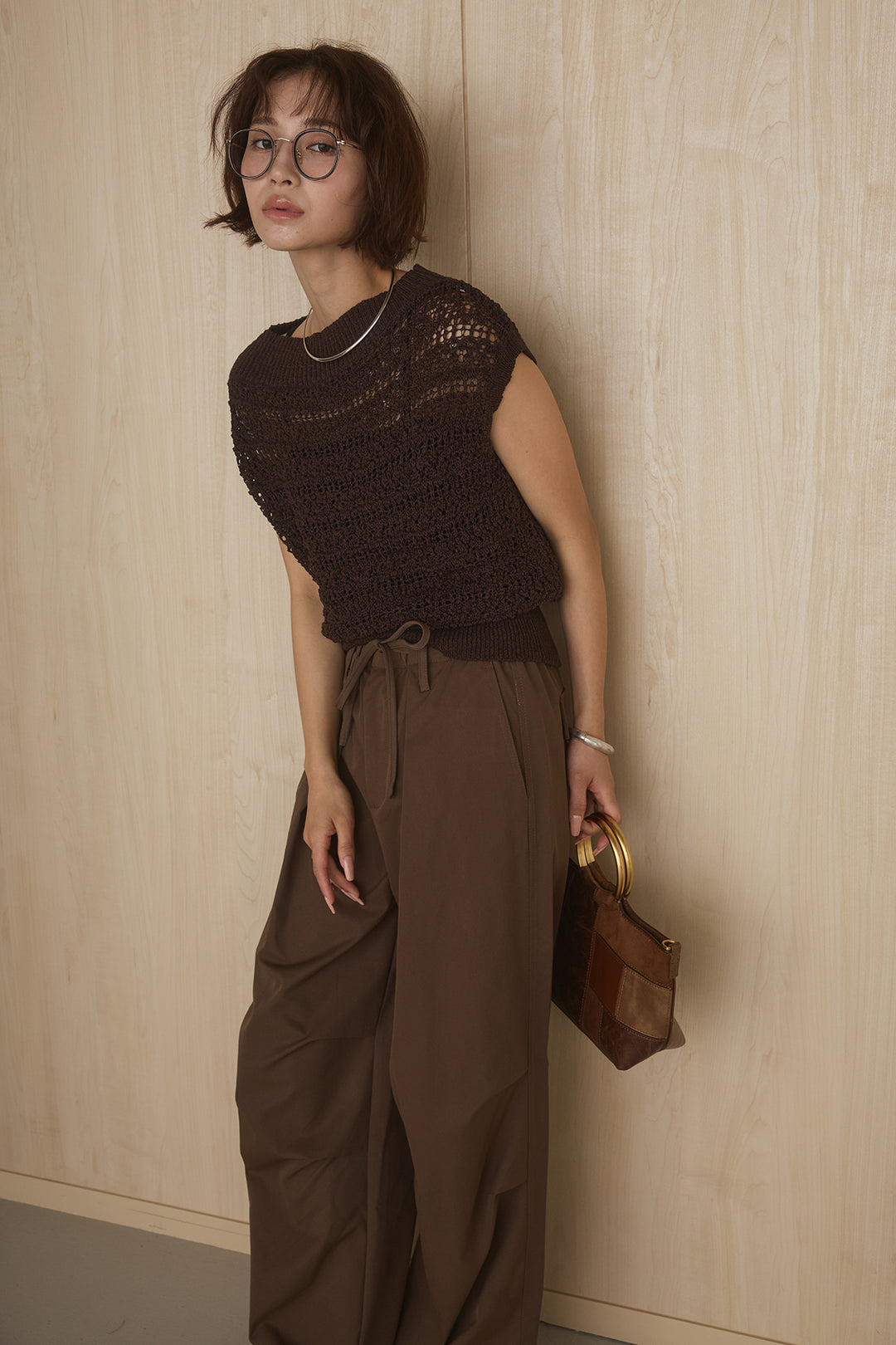 [SET]透かしレース編みフレンチニット+ニーサイドタックウエストドロストパンツ(2set)