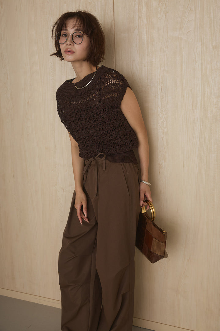 [SET]透かしレース編みフレンチニット+ニーサイドタックウエストドロストパンツ(2set)