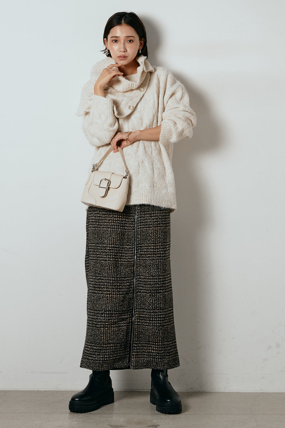 [SET]ケープデザインケーブルニットトップス+グレンチェック柄フロントジップタイトスカート(2set)