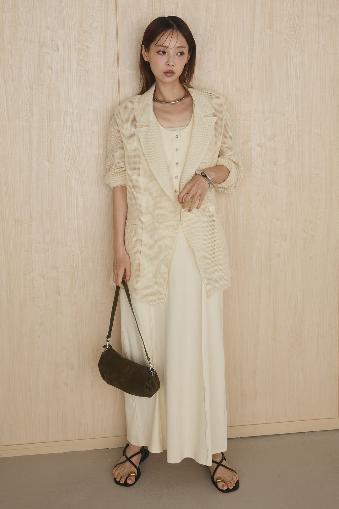 [SET]メッシュテーラードワイドジャケット+ノースリロングワンピース(2set)