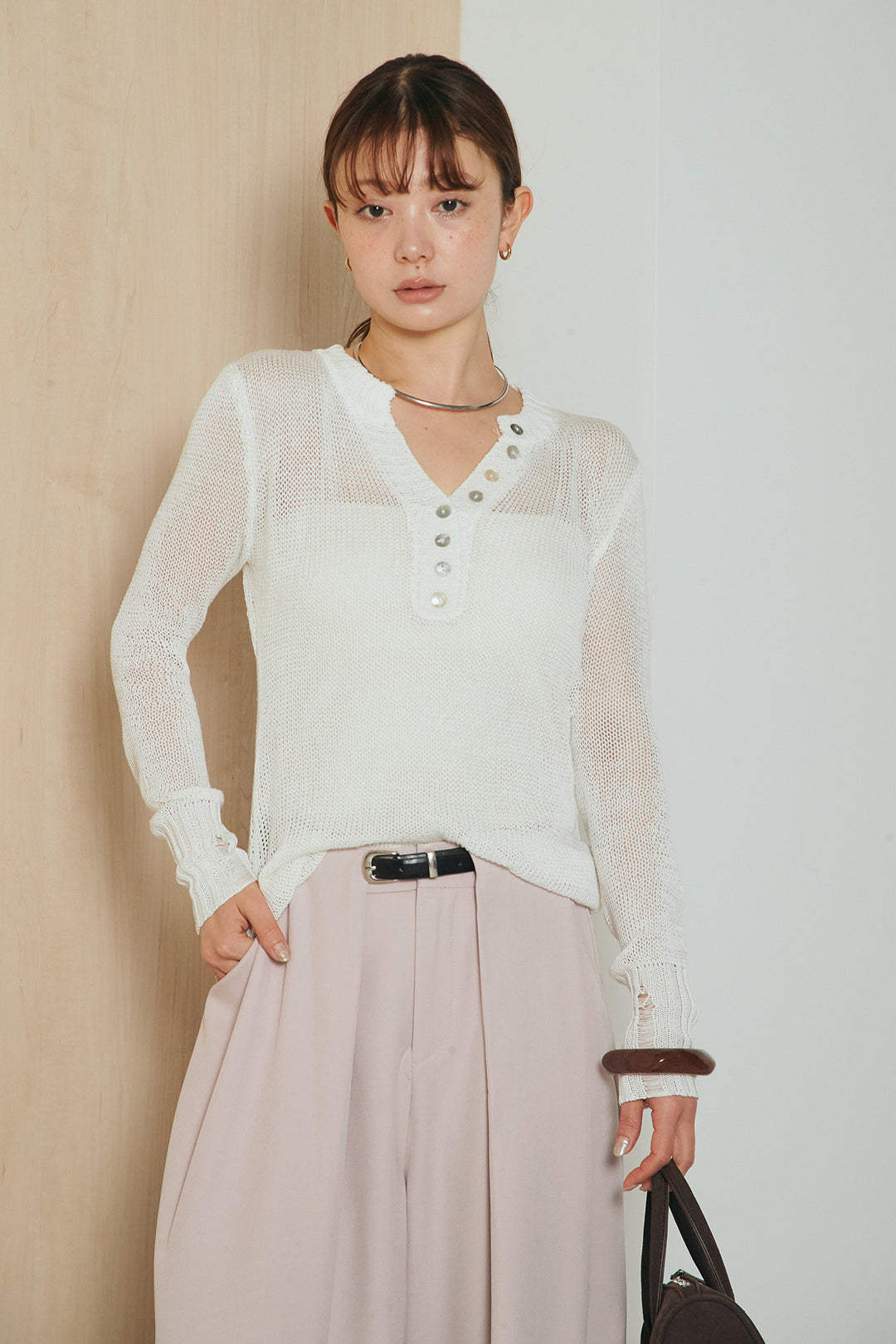 [SET]ヘンリーネックダメージニットプルオーバー+ビックベルトループタックベルト付きワイドパンツ(2set)