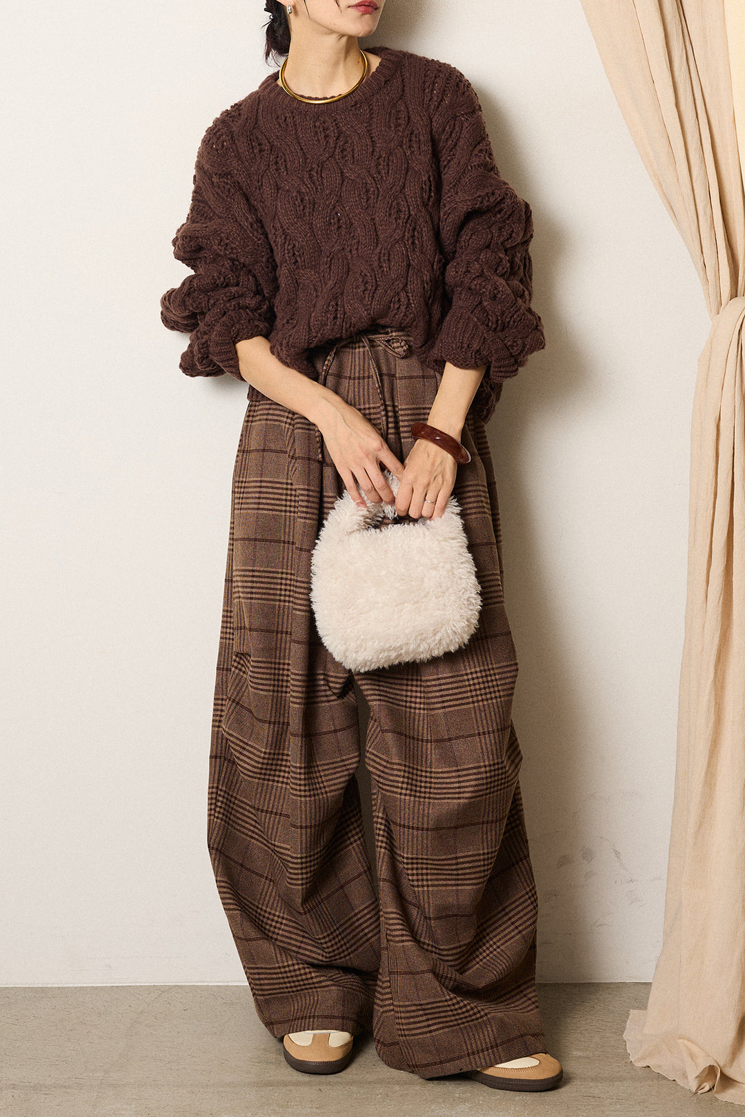 [SET]ケーブルリラックスショートニット+グレンチェックルーズタックパンツ(2set)