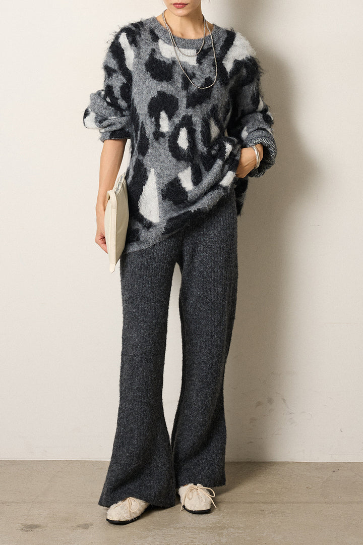 [SET]ルーズアニマルモヘアニットトップス+杢ニットリブフレアパンツ(2set)