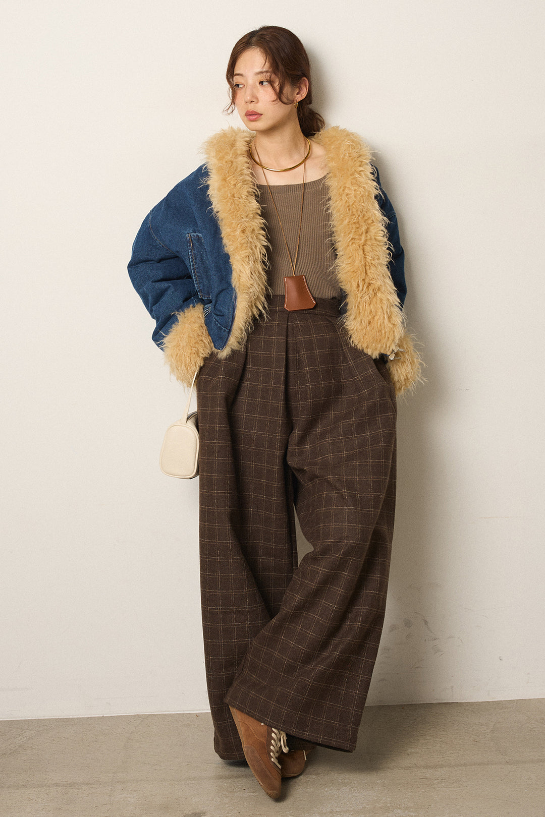 [SET]エコファーデニムボアジャケット+ウールライクチェックタックパンツ(2set)