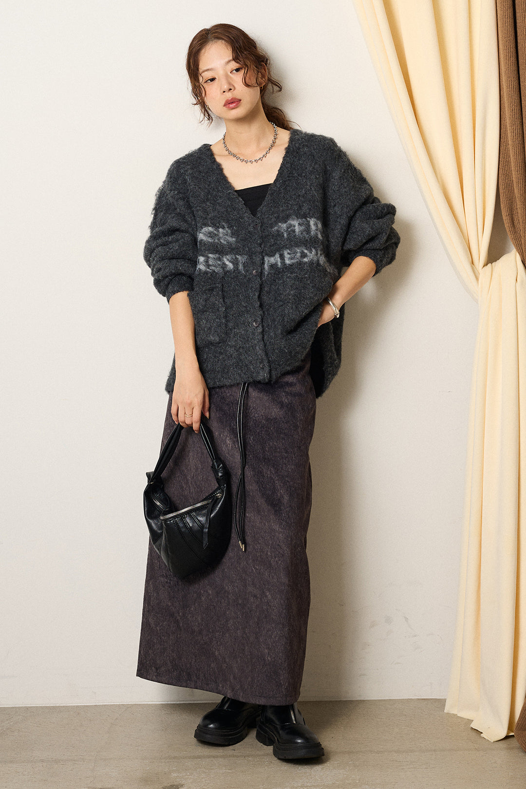 [SET]ウール混透かしロゴニットカーディガン+ロープベルト付きスウェード調スカート(2set)