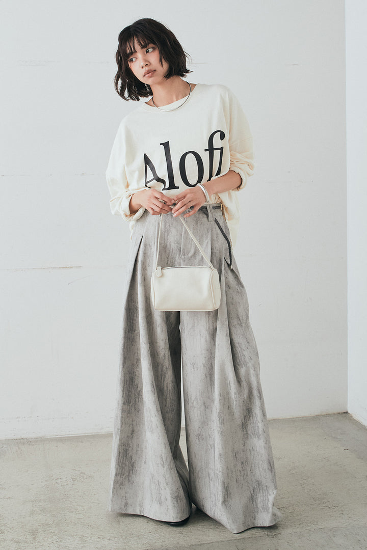 [SET]裾センタードロストロゴプリントワイドTシャツ+紐ベルト付きかすれ柄ワイドスラックス(2set)