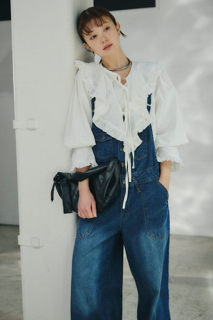 [SET]コットンフリルブラウス+デニムサロペットワイドパンツ(2set)