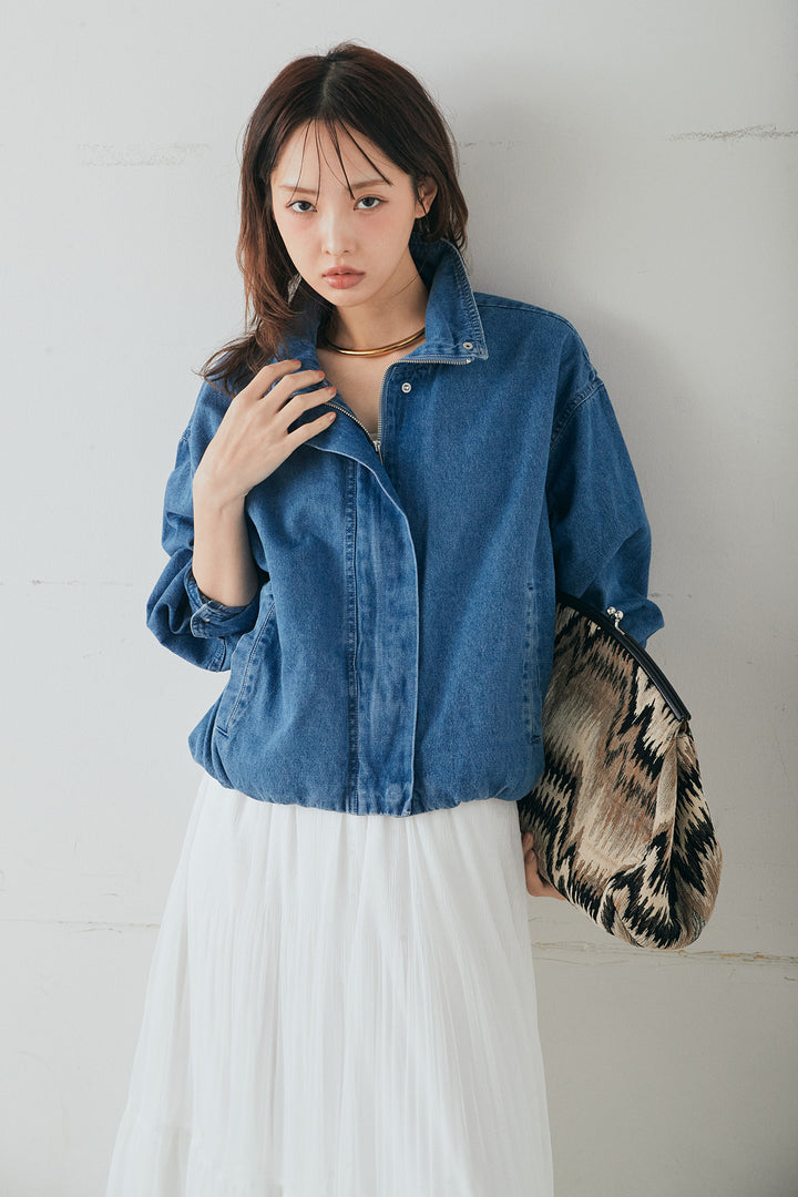 [SET]スタンドカラーデニムブルゾンジャケット+ボリュームシルエットチュールスカート(2set)