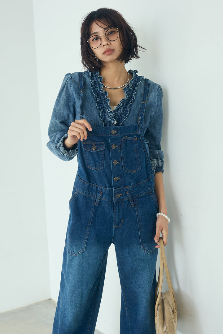 [SET]Vネックデニムフリルトップス+デニムサロペットワイドパンツ(2set)