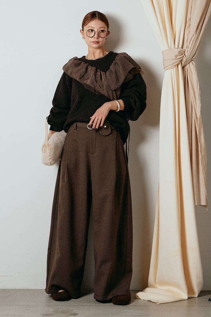 [SET]アシンメトリーフリルニットトップス+ポーチベルト付きカーブパンツ(2set)