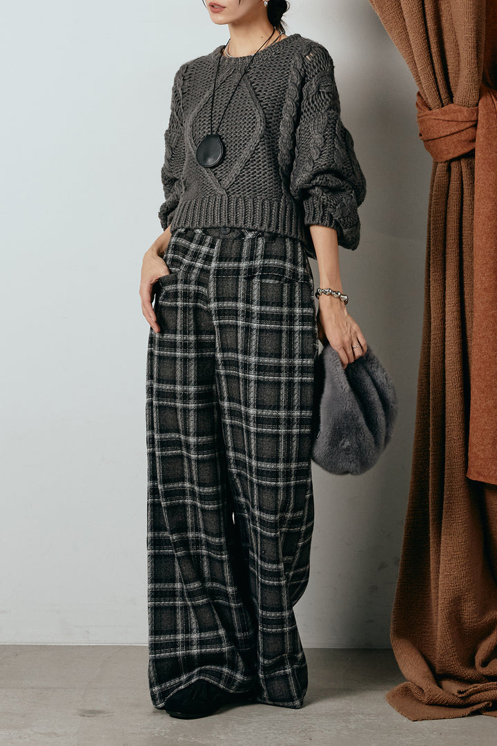 [SET]ロービングケーブルショート丈プルオーバー+ルーズタータンチェックワイドパンツ(2set)