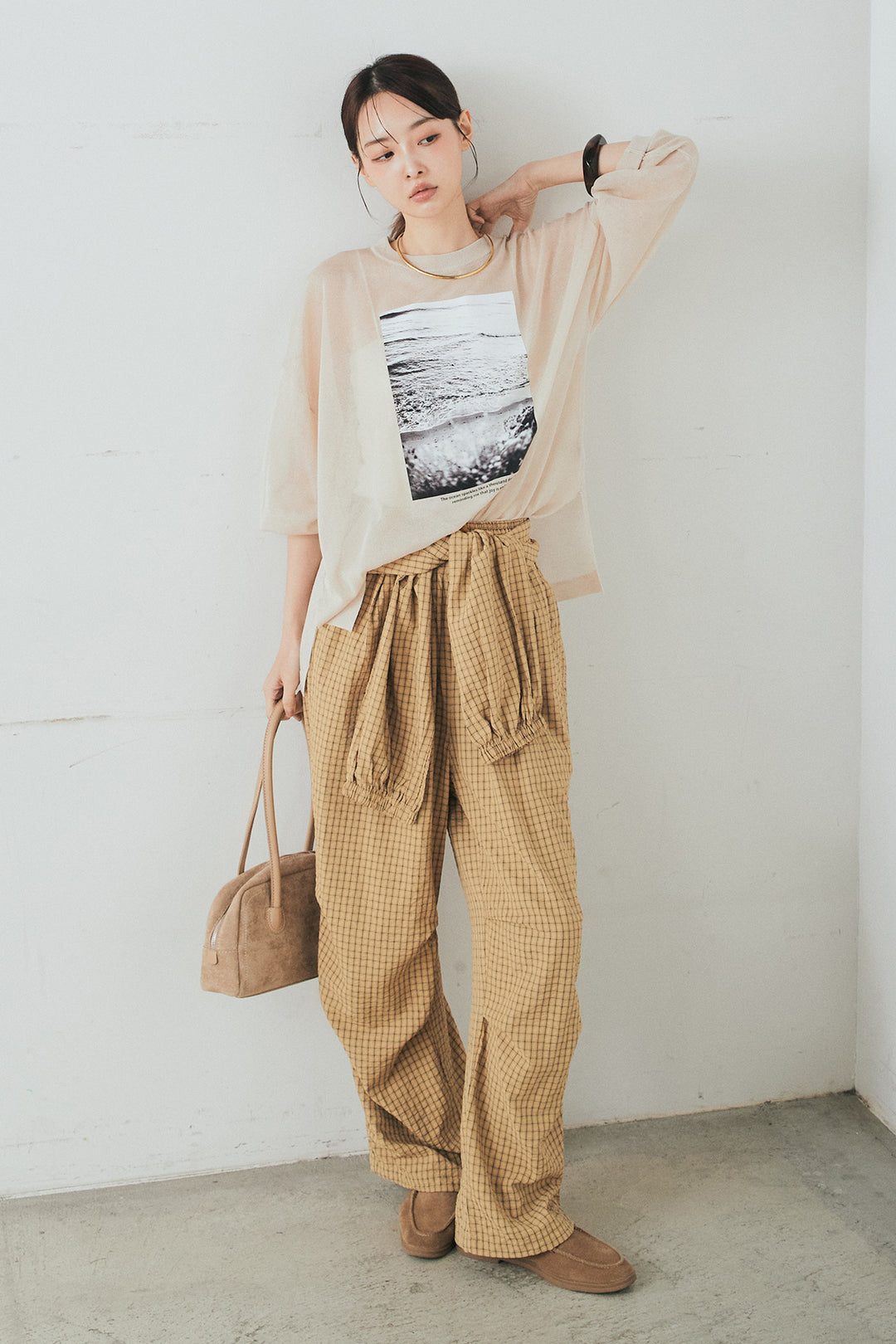 [SET]フォトシアーニットトップス+チェックウエスト巻きジョガーパンツ(2set)