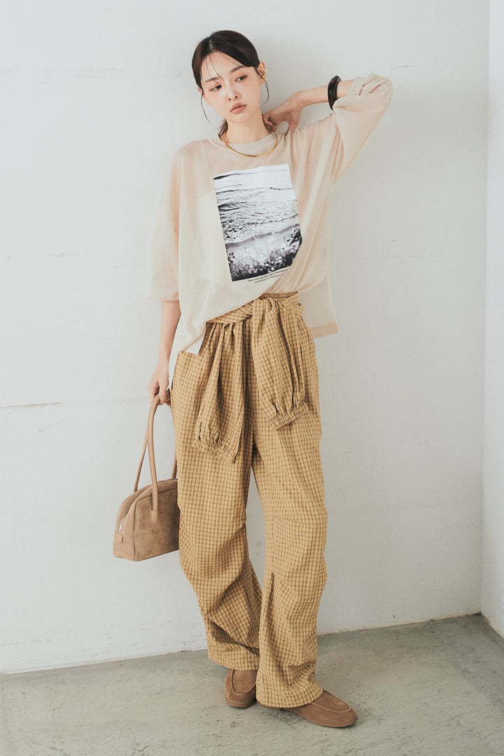 [SET]フォトシアーニットトップス+チェックウエスト巻きジョガーパンツ(2set)