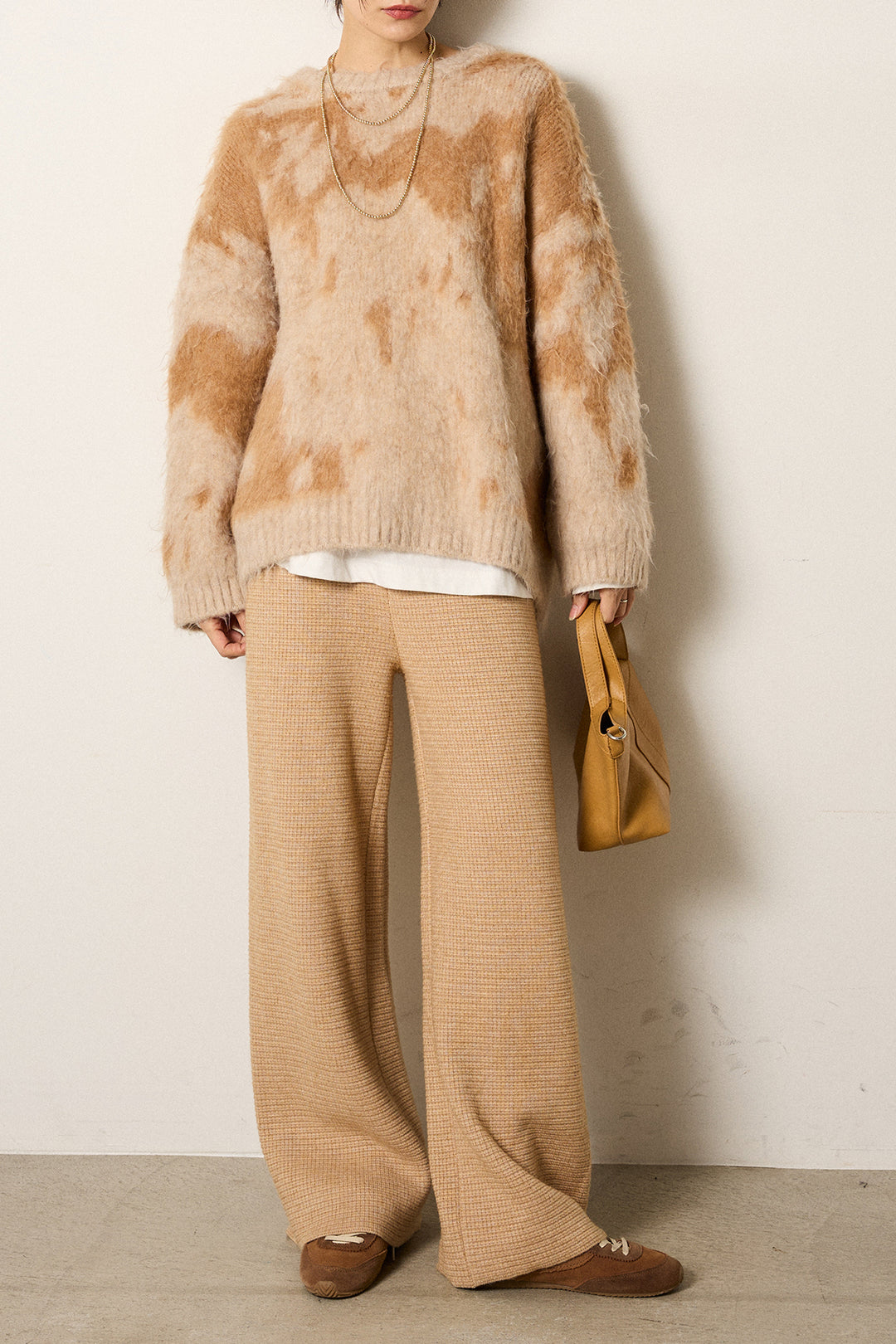 [SET]モヘアタッチマーブルニット+ワイドリブニットイージーパンツ(2set)