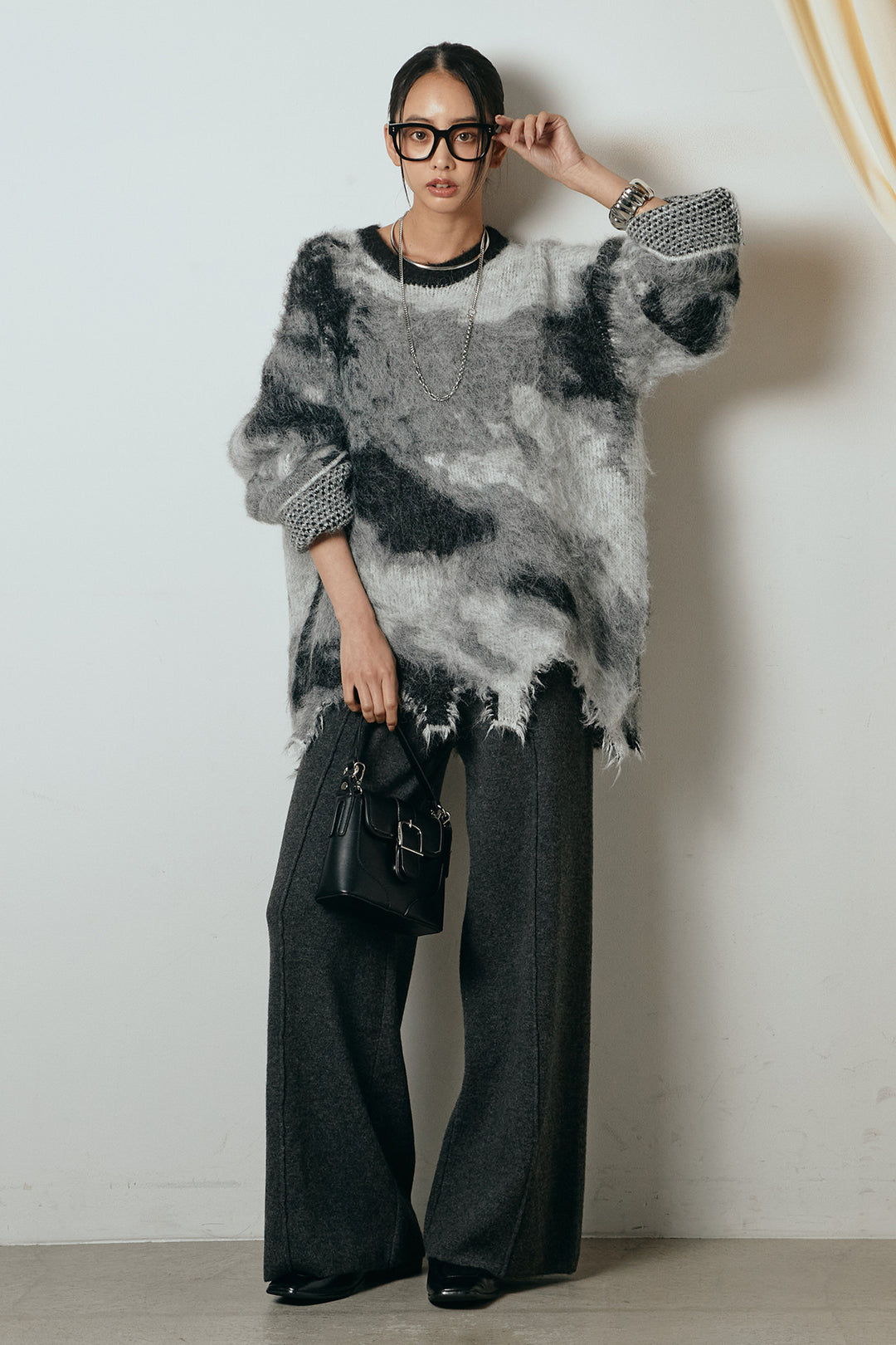 [SET]起毛裾デザインニュアンス柄ニットトップス+センターラインニットパンツ(2set)