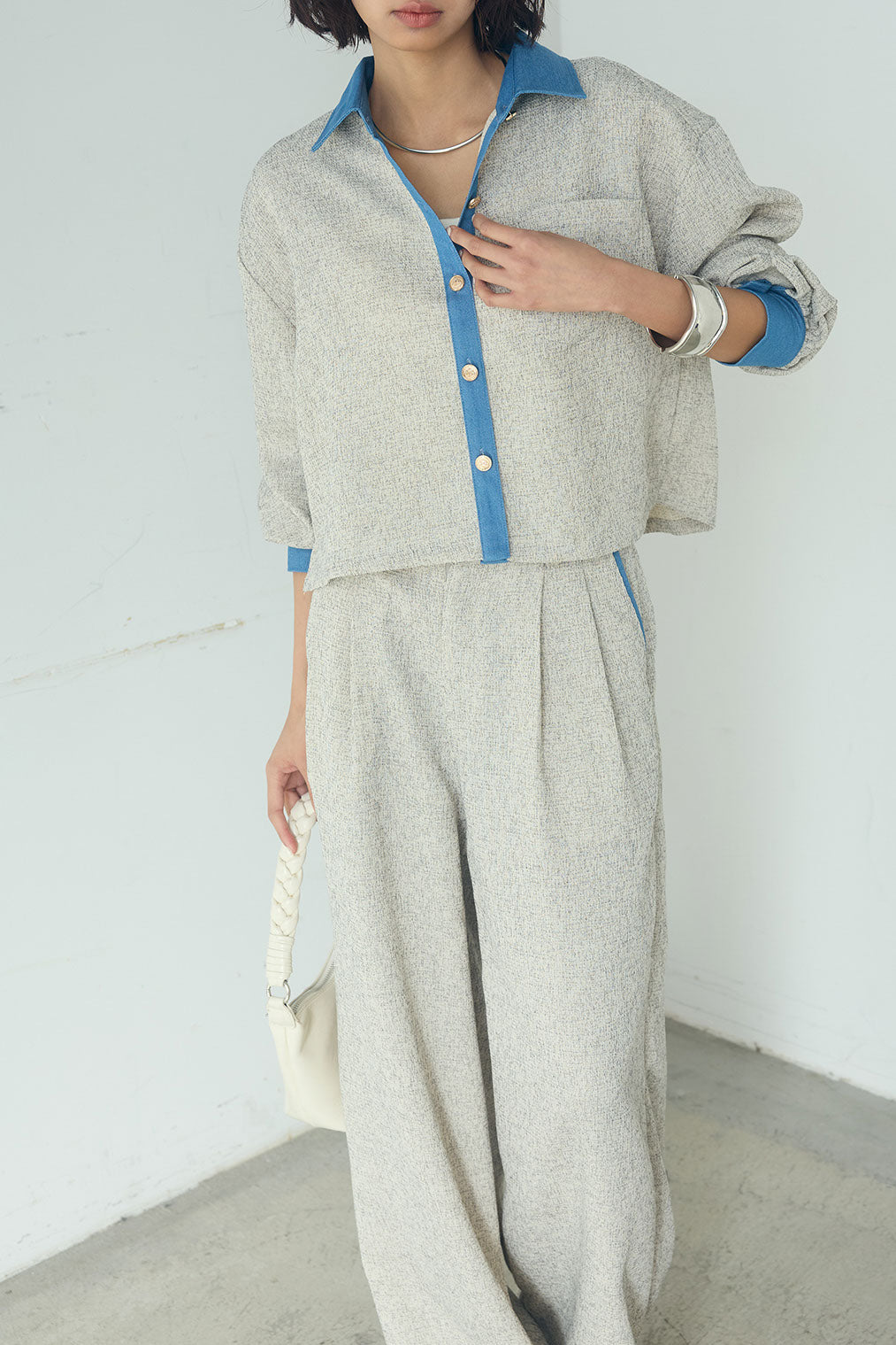 [SET]ツイード×デニムショート丈シャツ+ツイード×デニムハイウエストラインロングパンツ(2set)