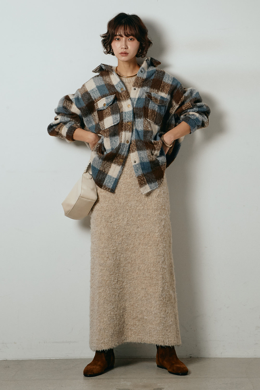 [SET]起毛チェック柄ポケットアウター+起毛ノースリーブニットロングワンピース(2set)