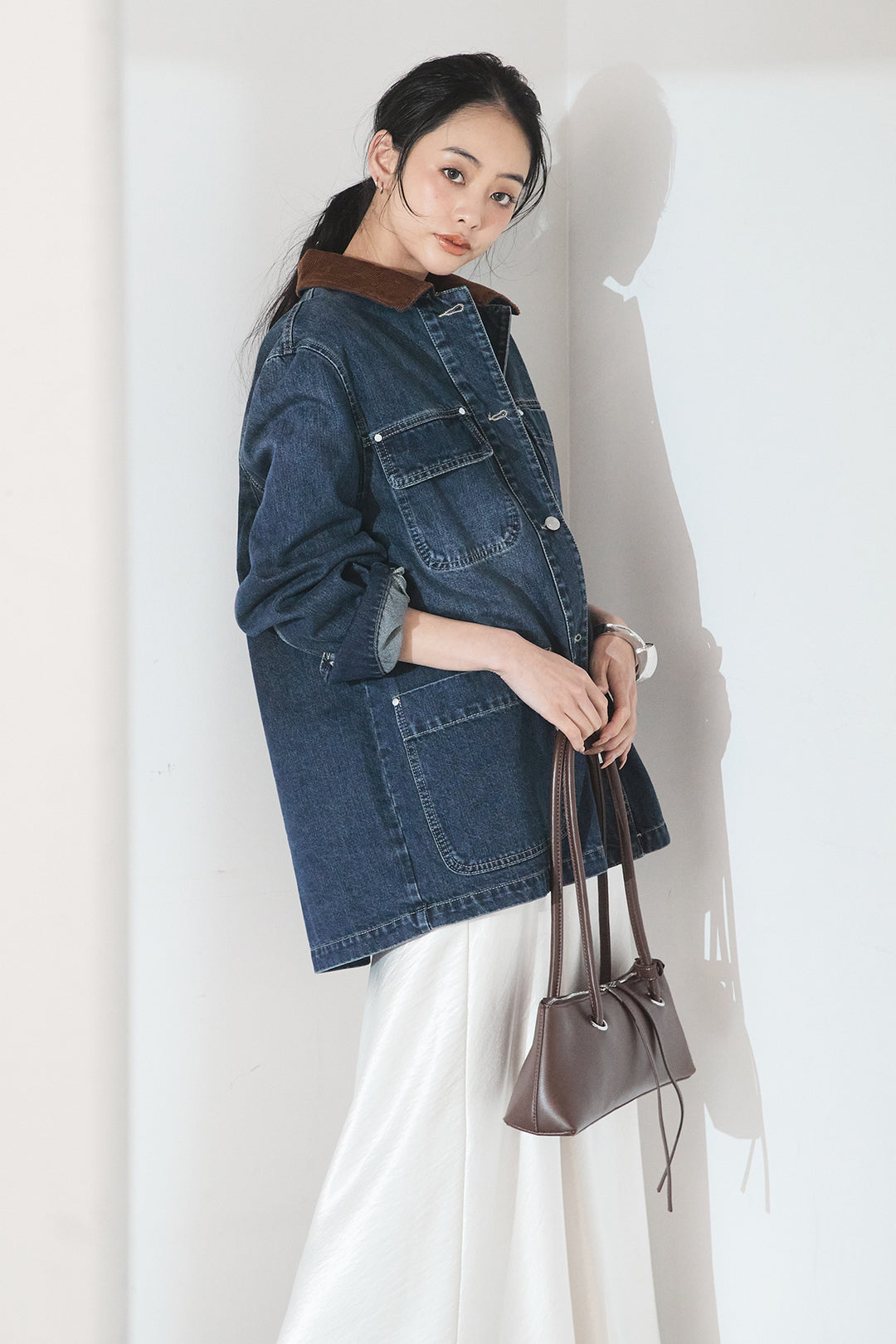 [SET]襟コーデュロイデニムカバーオール+裾レースデザインサテンスカート(2set)