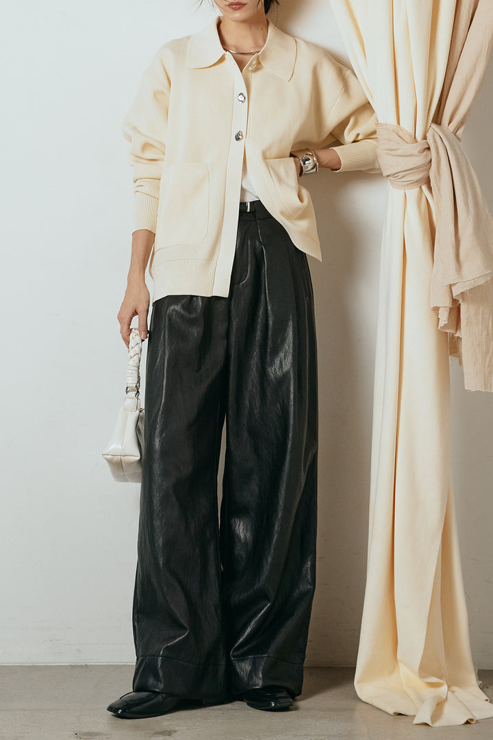 [SET]メタル釦衿付きニットカーディガン+ベルト付きレザーライクタックパンツ(2set)