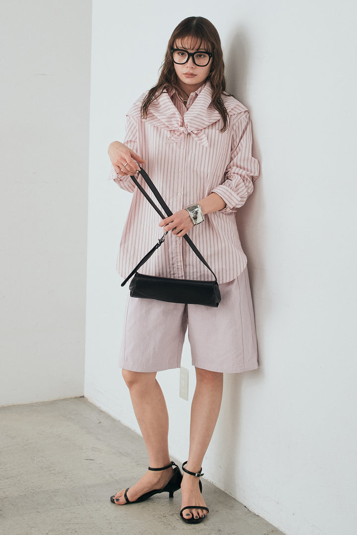 [SET]ランダムストライプスカーフ付きシャツ+デニムハーフパンツ(2set)