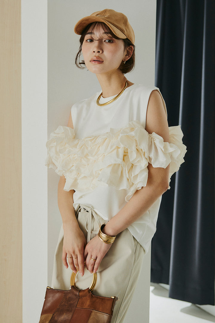 [SET]天竺ナイロンドッキングビスチェ風トップス+ニーサイドタックウエストドロスパンツ(2set)