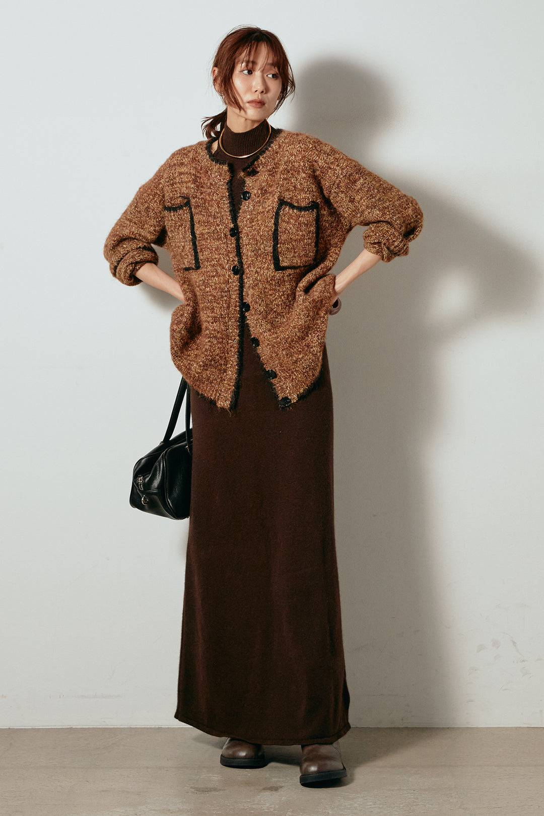 [SET]ミックスニットポケットカーディガン+ノースリーブニットロングワンピース(2set)