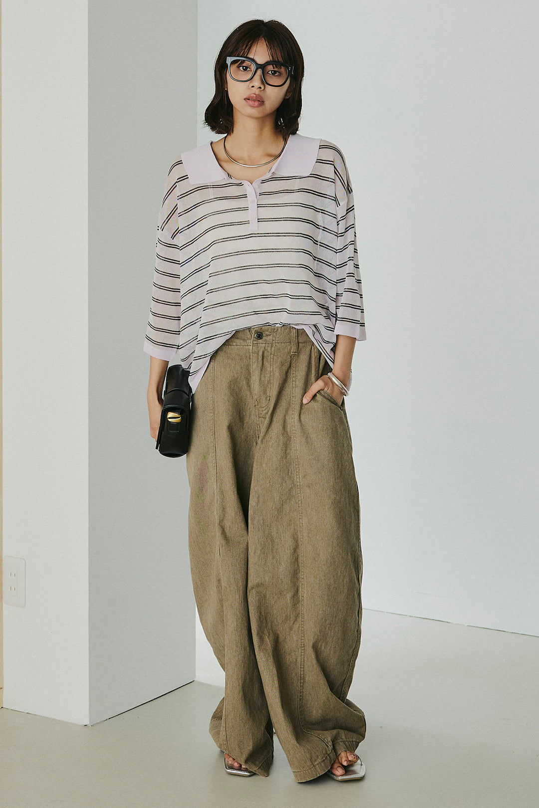 [SET]ボーダーニットポロシャツ+サイドベルトカーブワイドパンツ(2set)