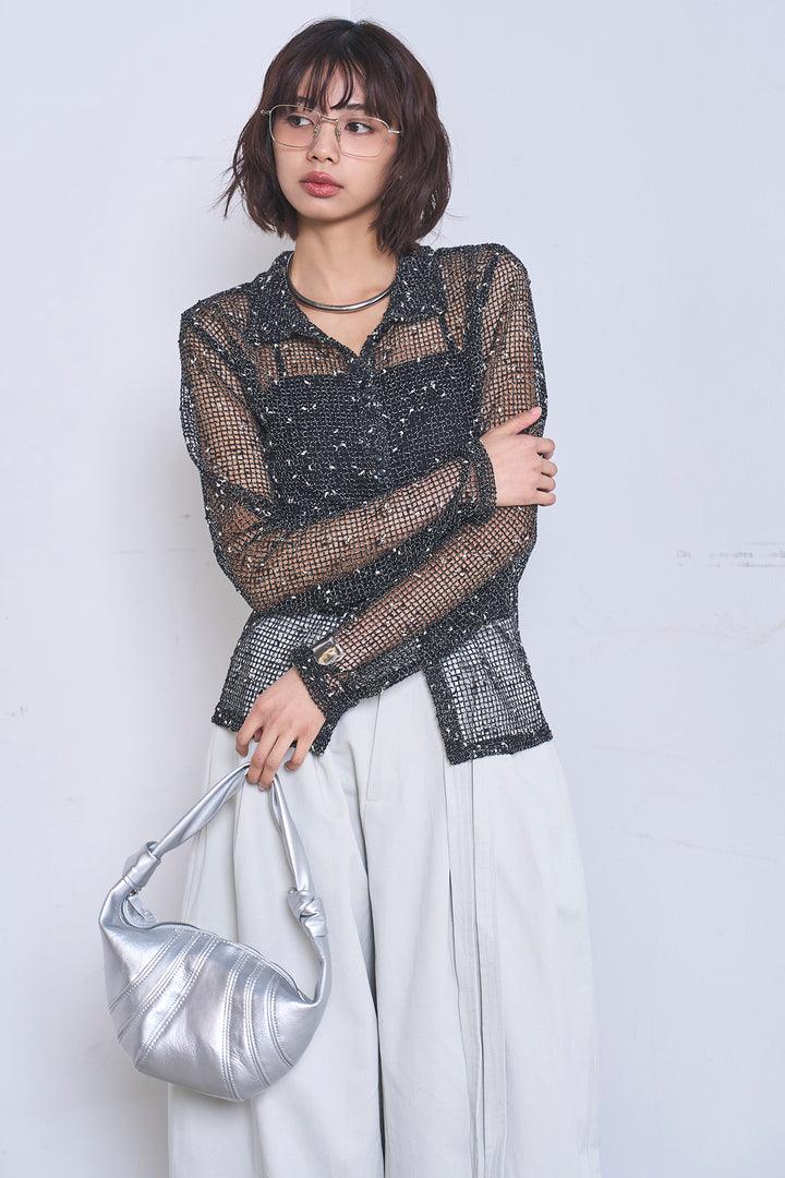 [SET]ネップメッシュポロ襟カーディガン+紐ベルト付きカーブワイドパンツ(2set)