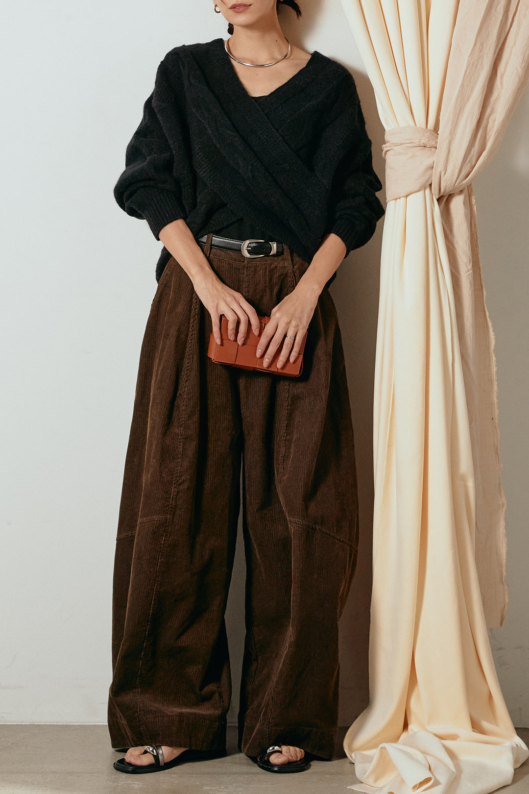 [SET]ケーブルカシュクールニットトップス+タック入りコーデュロイワイドパンツ(2set)