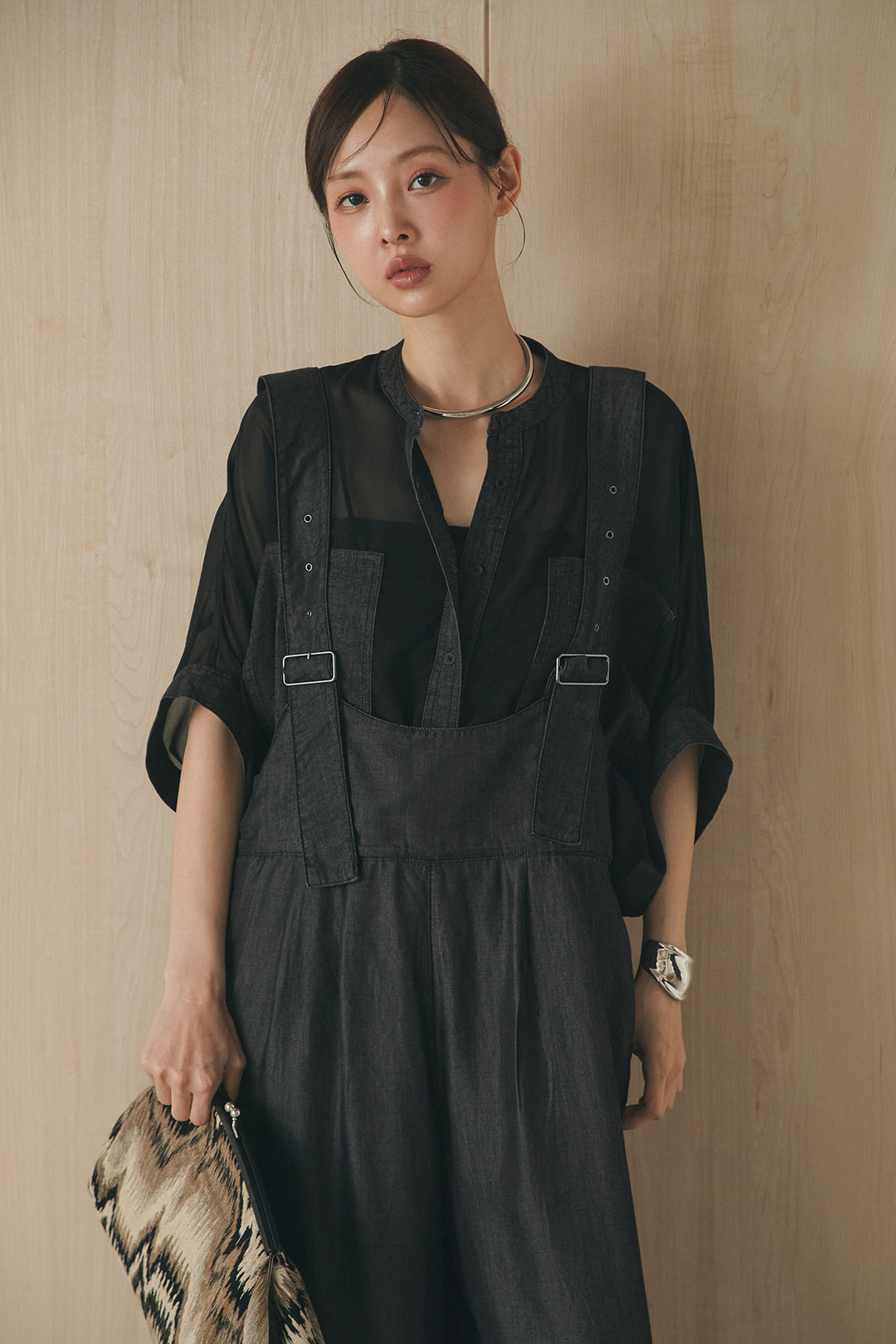 [SET]デニムライクビッグツーポケシアーシャツ+前後2WAYテンセルデニムサロペット(2set)