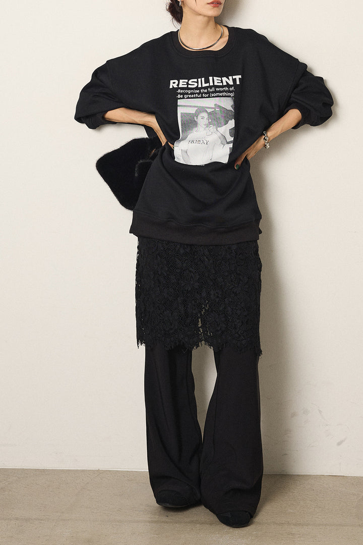 [SET]モノトーンプリントスウェット+レース刺繍レイヤードフレアパンツ(2set)
