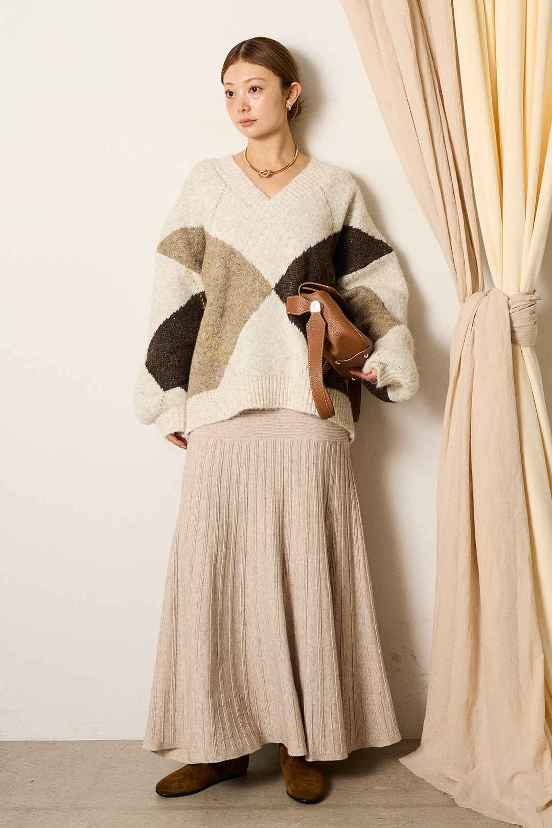 【着回しセット】[SET]ルーズアーガイルVネックニット+ルーズアーガイルVネックニット+編み地切り替えフレアニットスカート(3set)