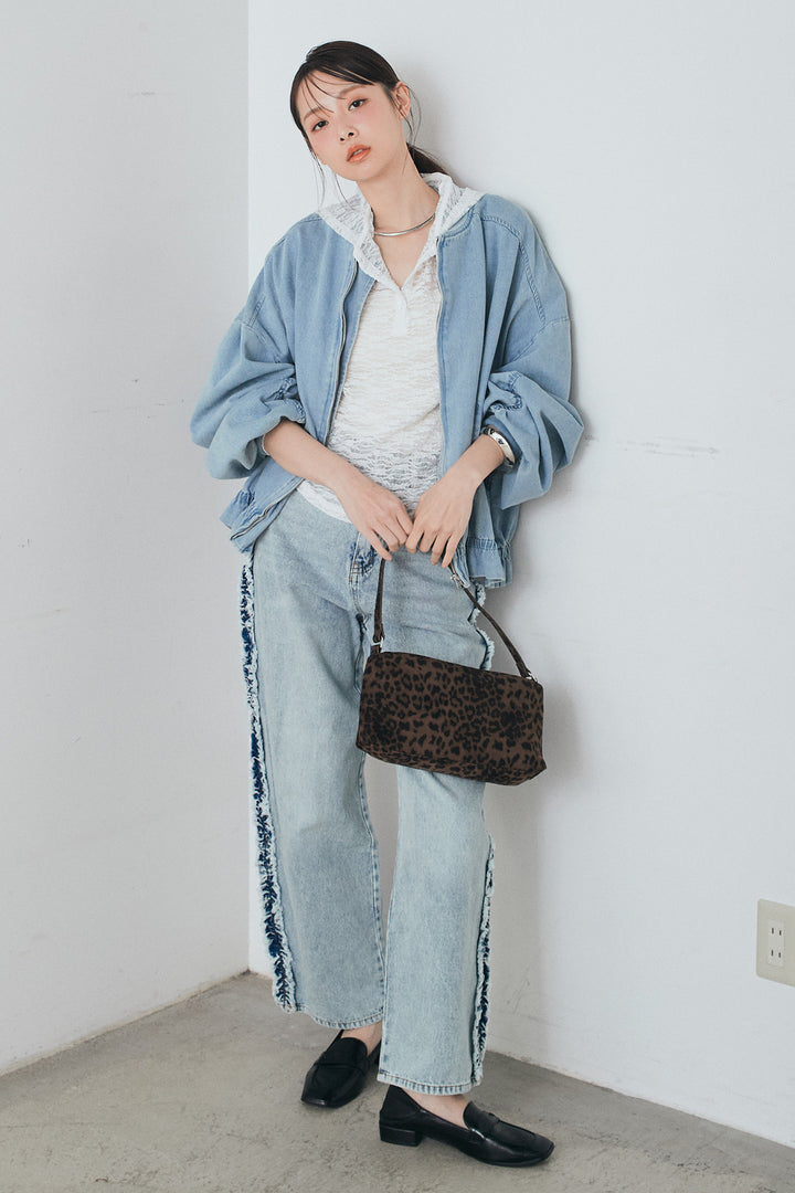 [SET]袖シャーリング裾フリルデニムブルゾン+デニムサイドフリルパンツ+ストレッチレースフーディサムホールプルオーバー(3set)