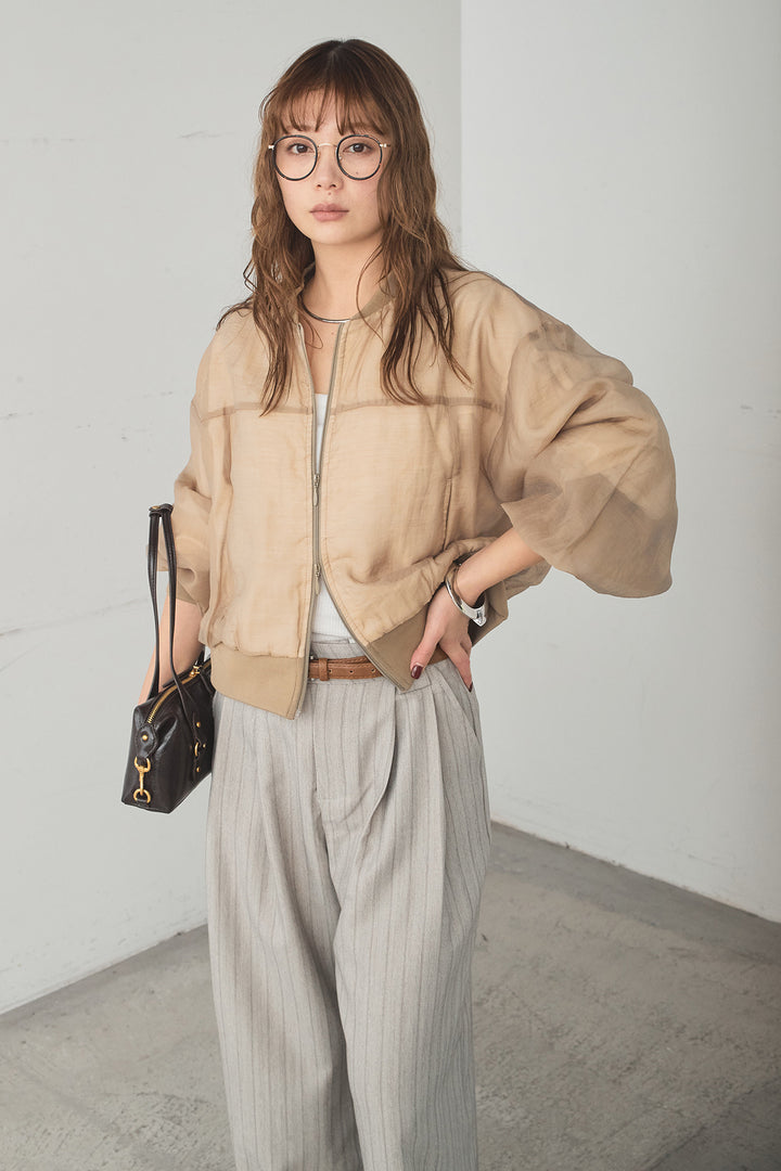 [SET]シアー×ポンチブルゾン+細ベルト付きピンストライプワイドパンツ(2set)