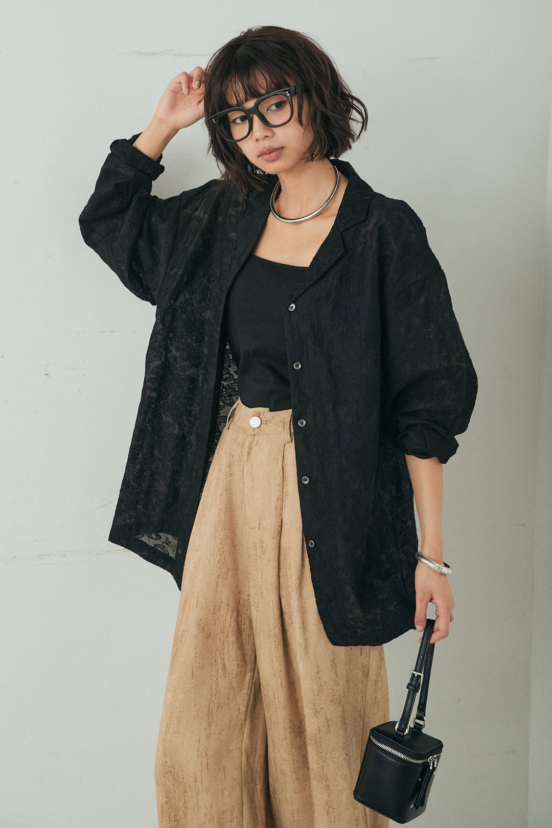 [SET]刺繍シアーオープンカラーシャツ+リネン混かすれ柄ワイドパンツ(2set)