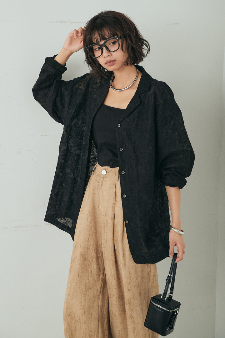 [SET]刺繍シアーオープンカラーシャツ+リネン混かすれ柄ワイドパンツ(2set)