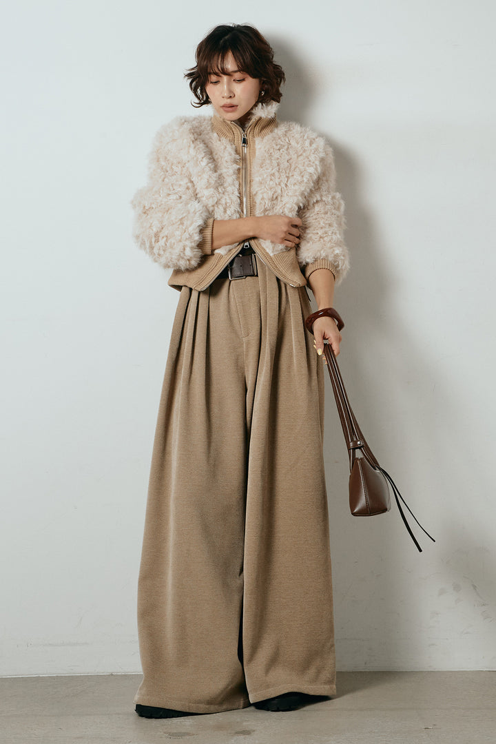 [SET]ハイネックショート丈ボアジップブルゾン+ベルトループコーデュロイワイドパンツ(2set)