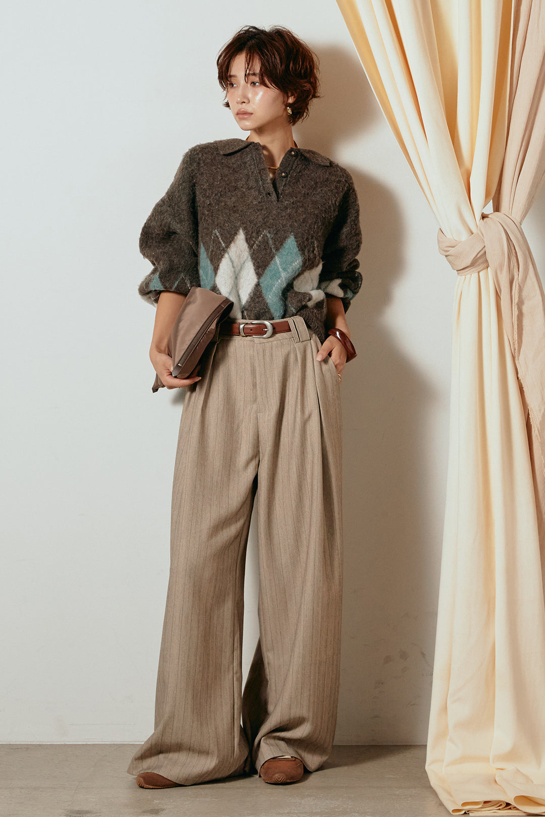 [SET]アーガイル柄ポロニットトップス+ストライプヘリンボーンパンツ(2set)