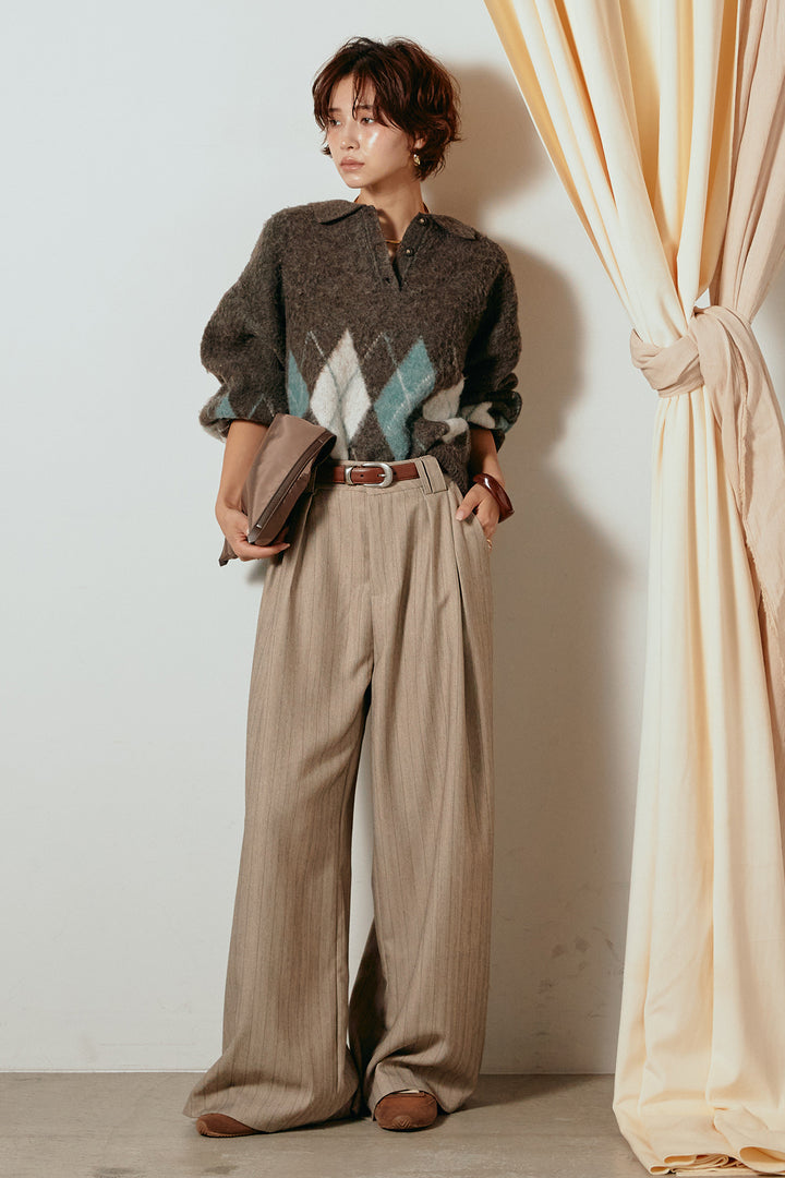 [SET]アーガイル柄ポロニットトップス+ストライプヘリンボーンパンツ(2set)