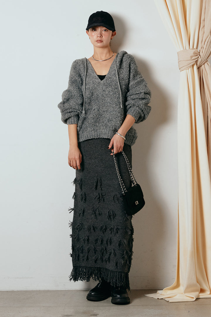[SET]ブークレキーネックプルオーバー+ポイントフリンジニットナロースカート(2set)