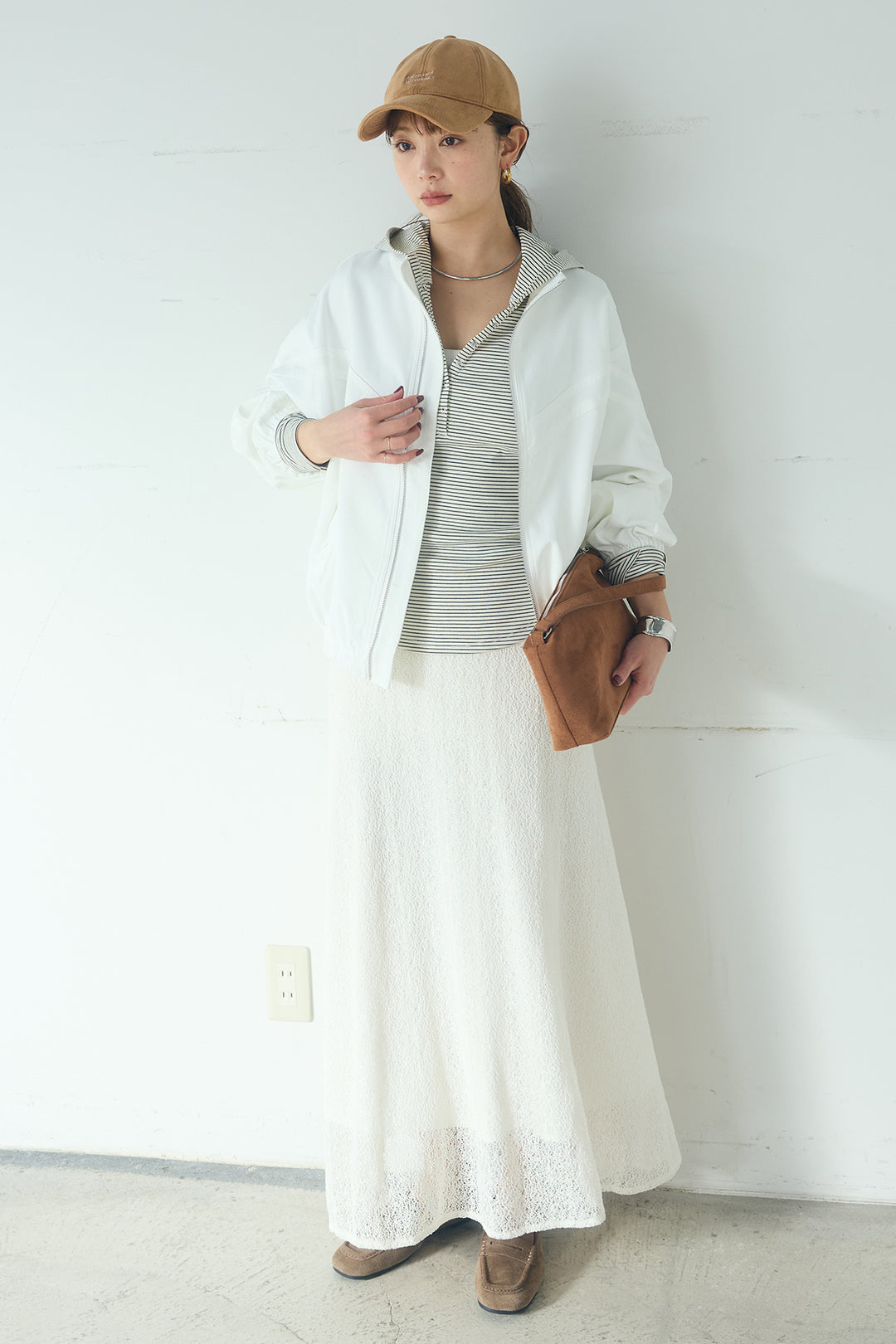 [SET]マルチ切り替えドルマンブルゾン+メッシュ刺繍ロングスカート+ボーダーフーディーロンT(3set)