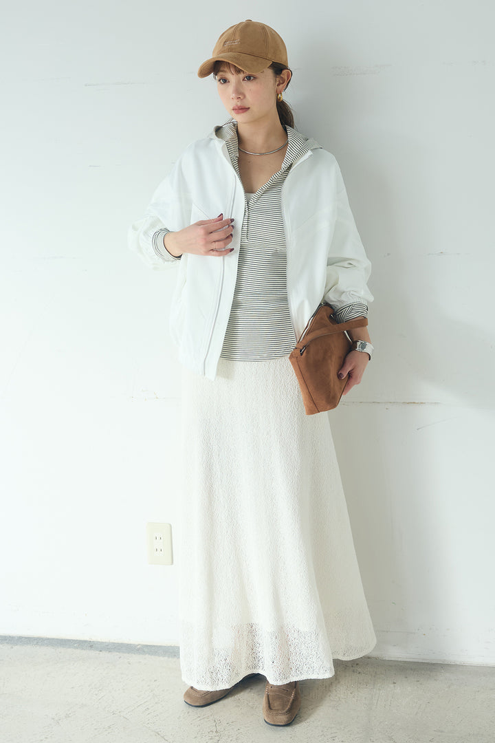 [SET]マルチ切り替えドルマンブルゾン+メッシュ刺繍ロングスカート+ボーダーフーディーロンT(3set)