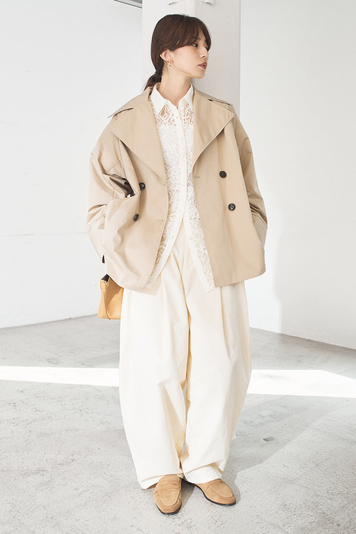 [SET]ナイロントレンチコート+合繊ツイルパイピングタックカーブパンツ(2set)