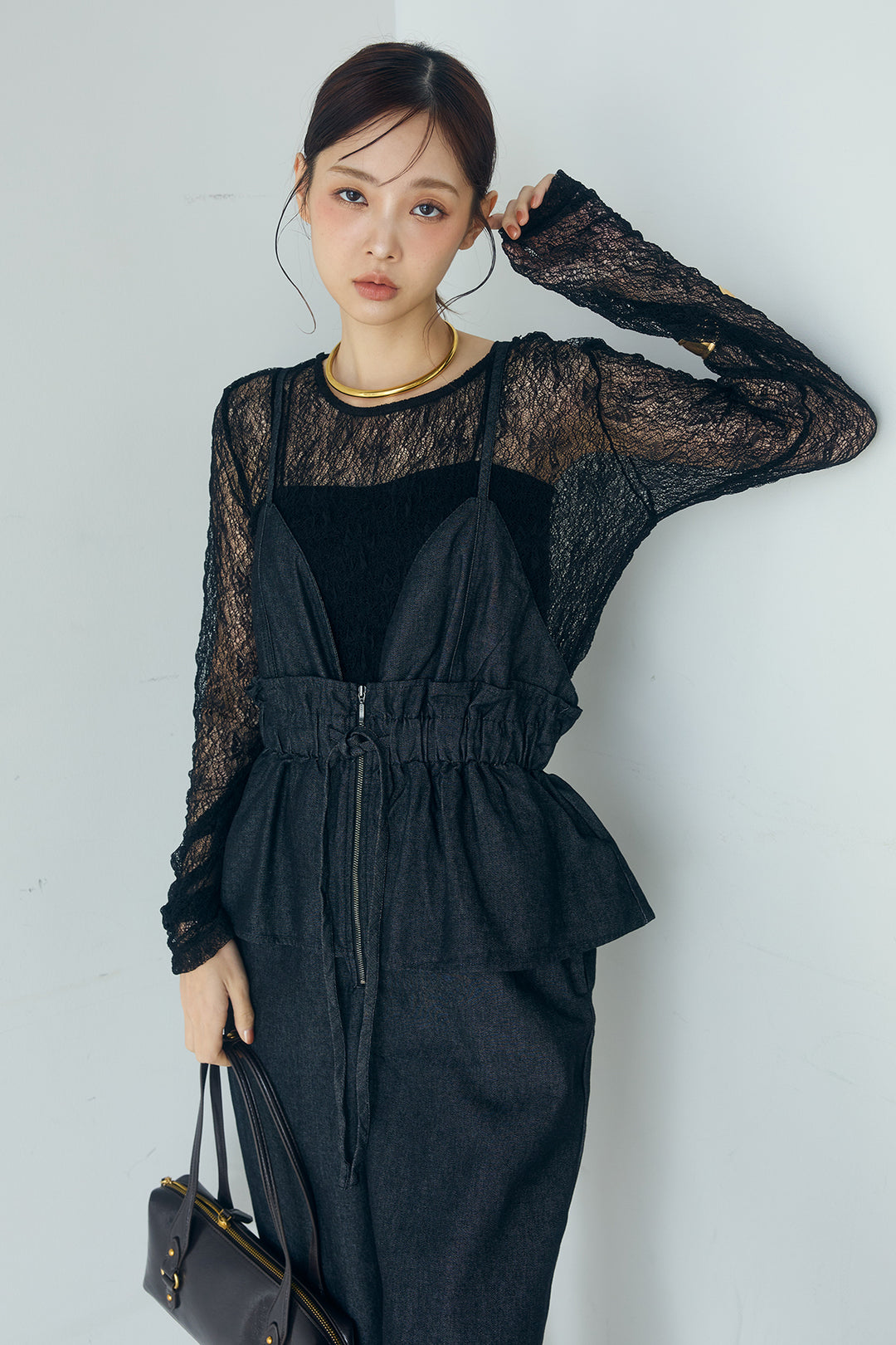 [SET]ストレッチレースクルーネックインナー+デニムペプラムコンビネゾン(2set)