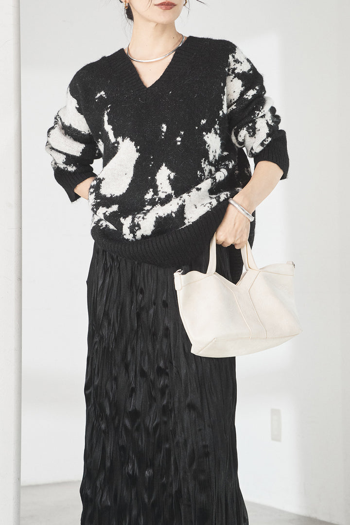 [SET]アブストラクト柄ニットプルオーバー+ベロアロングプリーツスカート(2set)
