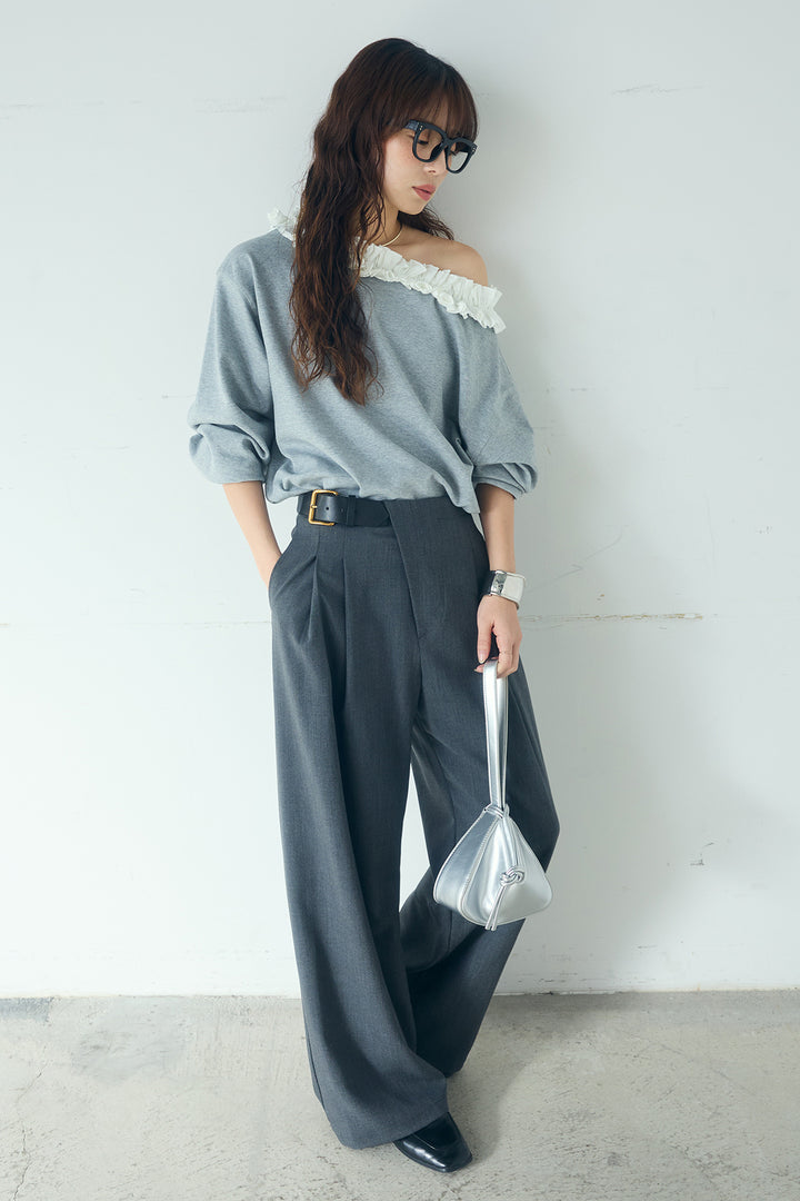 [SET]ネックギャザーフリルスウェット+サイドベルトタック入りスラックス(2set)